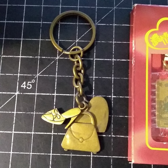 Three Gold Key Chains, Gold Bar in Box, Nine West Purse & Heels, Enamel … - Picture 2 of 11